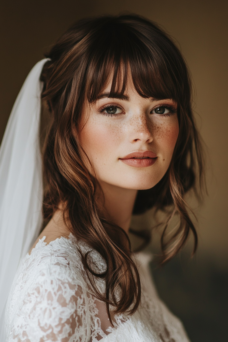 A bride with long brown hair and freckles, wearing a white lace dress and a veil, poses for a portrait. The background is softly blurred.
