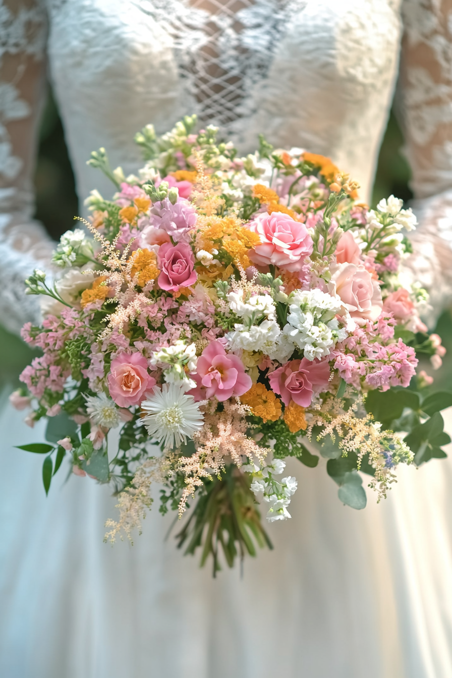 A bride in a lace wedding dress holds a colorful bouquet of flowers, featuring pink roses, white daisies, and yellow accents, with greenery. The flowers create a vibrant, romantic arrangement.