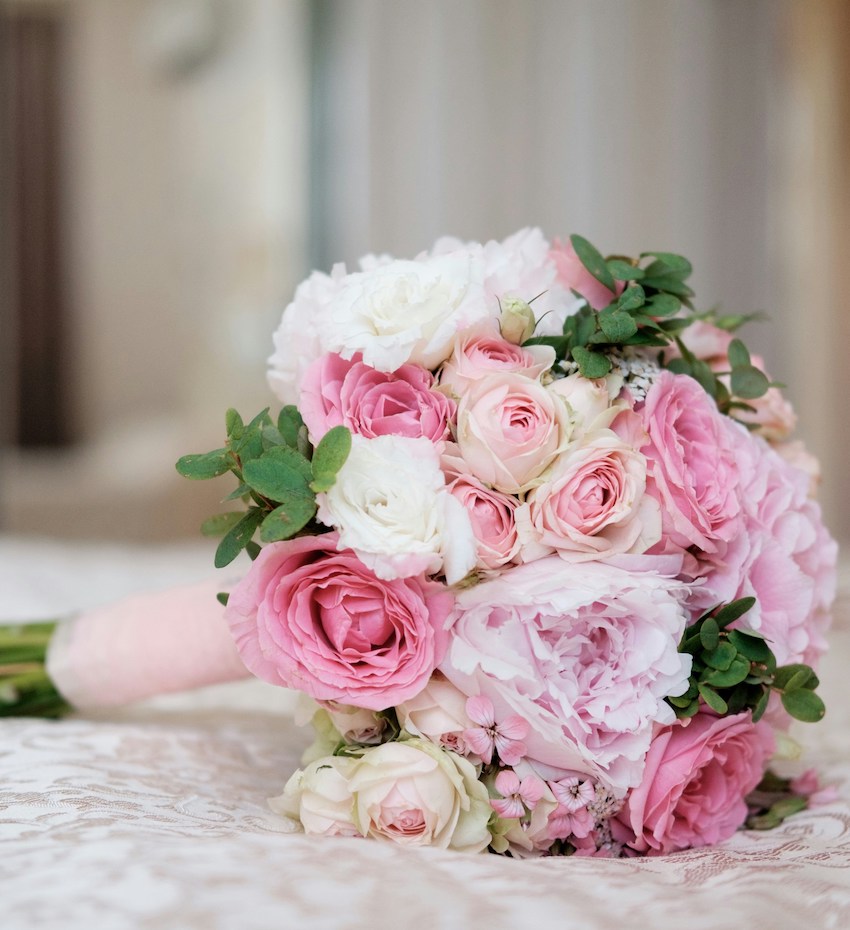 ### 20. Blush and White Rose Bouquet with Eucalyptus