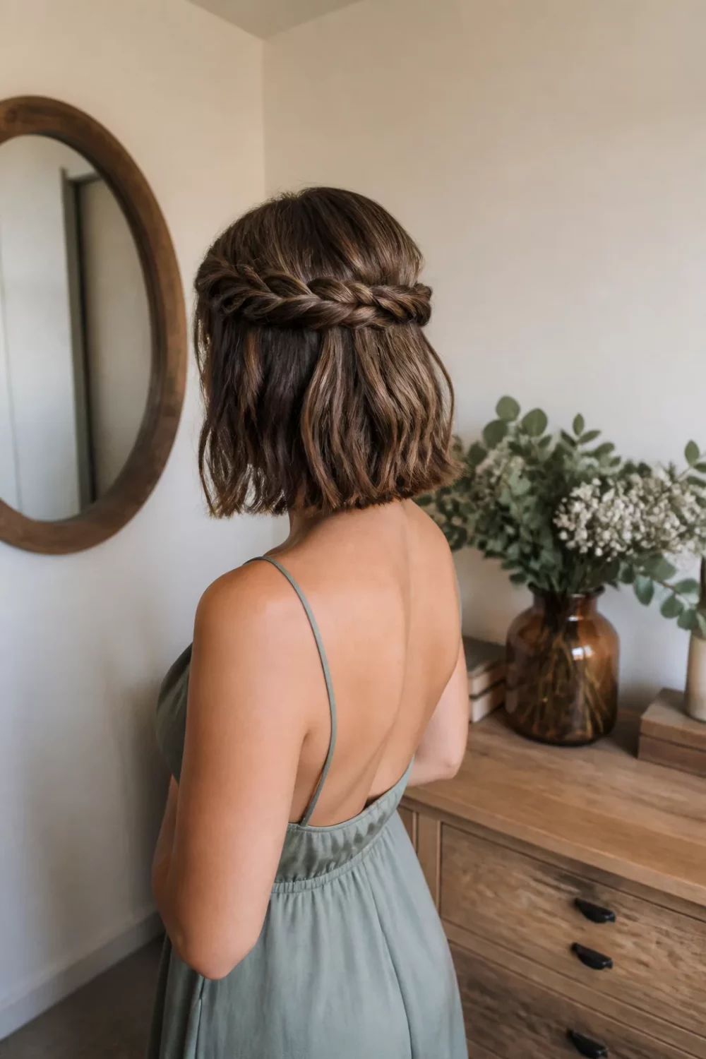 Double braid band short half up half down bridesmaid hairstyle on a bob with wavy loose ends