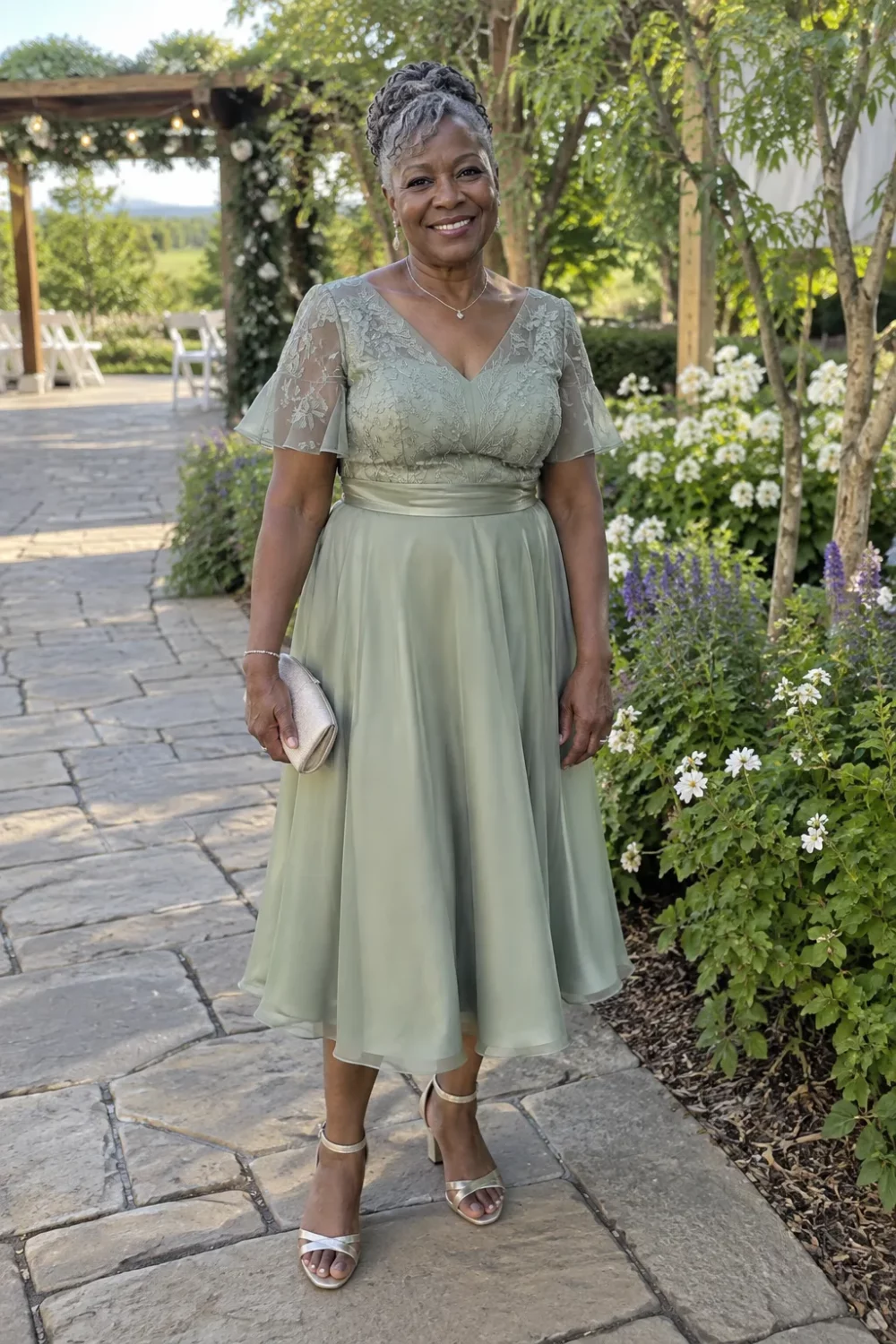 Woman in her 50s wearing a sage green A-line midi dress on a garden path